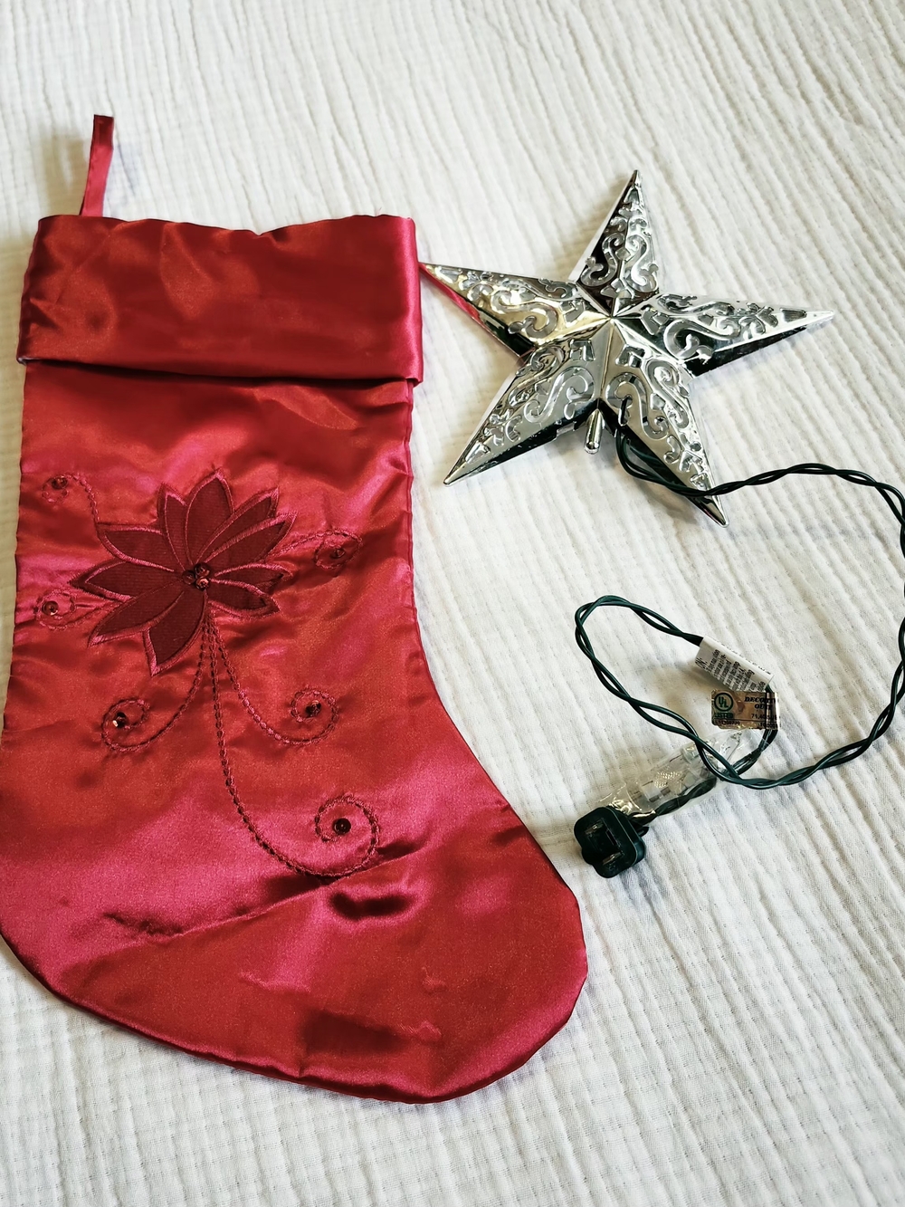 Red Satin Holiday Stocking with Embroidered Flower & Silver Star Tree Topper